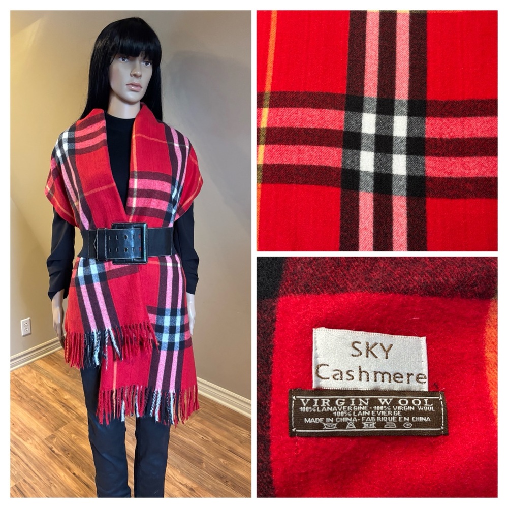 Sky Cashmere Red Plaid Scarf Blanket 100% Virgin Wool